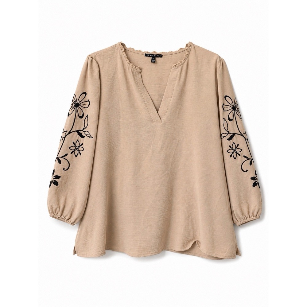 Como Black Womens XL Beige Embroidered Floral Boho Peasant Blouse Top